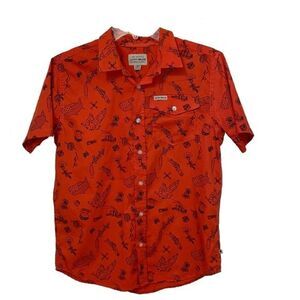 Lucky Brand Orange Novelty Print Button Up Mens Size Large Short Sleeve